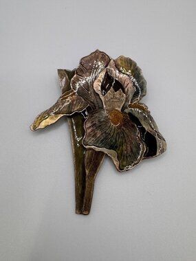 Large Enamel Iris Flower Brooch Black Green Purple Gold Tone Vintage Pin